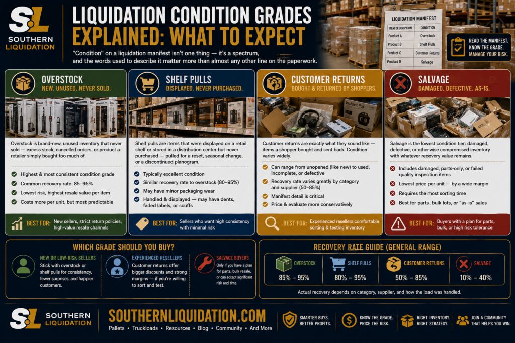 Liquidation Pallet Grading Explained: Overstock vs. Shelf Pulls vs. Customer Returns vs. Salvage
