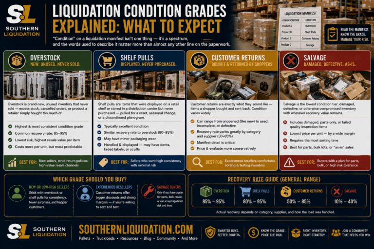 Liquidation Pallet Grading Explained: Overstock vs. Shelf Pulls vs. Customer Returns vs. Salvage